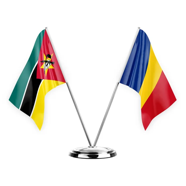 Два Столові Прапори Ізольовані Білому Тлі Ілюстрація Мозамбік Румунія — стокове фото