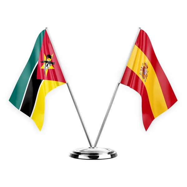 Two Table Flags Isolated White Background Illustration Mozambique Spain — Stock Photo, Image