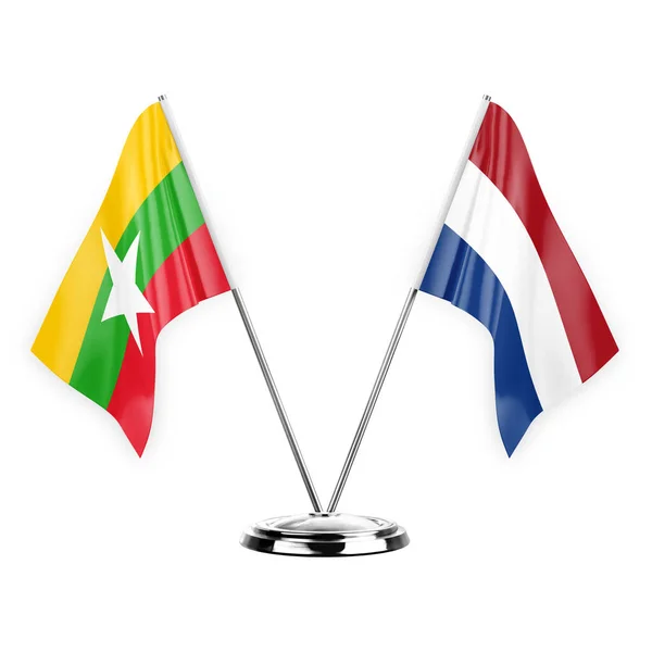 stock image Two table flags isolated on white background 3d illustration, myanmar and netherlands