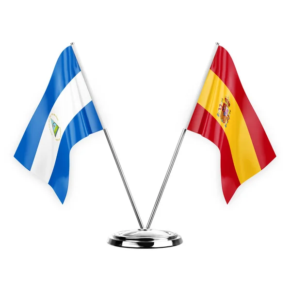 Two Table Flags Isolated White Background Illustration Nicaragua Spain — Fotografia de Stock