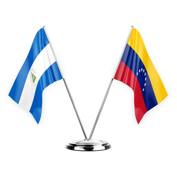 Dos Banderas Mesa Aisladas Sobre Fondo Blanco Ilustración Nicaragua Venezuela — Foto de Stock