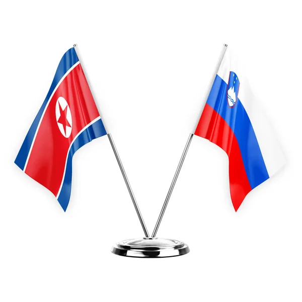 Two Table Flags Isolated White Background Illustration North Korea Slovenia — Stock fotografie