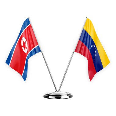 Two table flags isolated on white background 3d illustration, north korea and venezuela