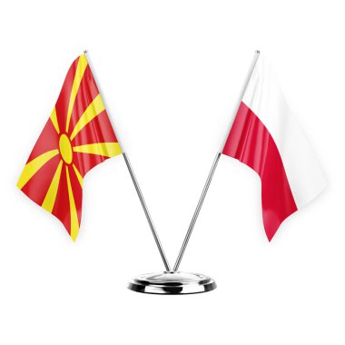 Two table flags isolated on white background 3d illustration, north macedonia and poland
