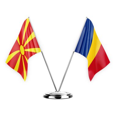 Two table flags isolated on white background 3d illustration, north macedonia and romania
