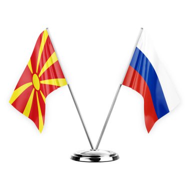 Two table flags isolated on white background 3d illustration, north macedonia and russia
