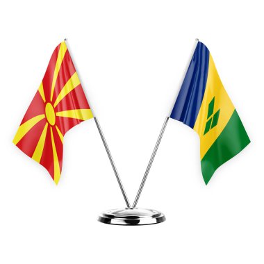 Two table flags isolated on white background 3d illustration, north macedonia and saint vincent and the grenadines