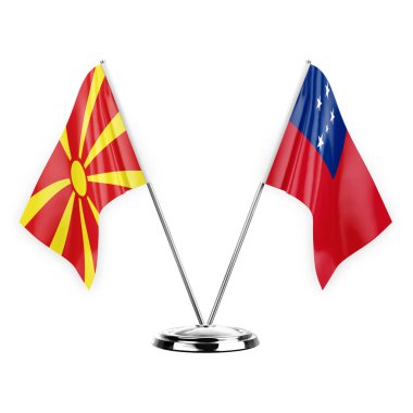 Two table flags isolated on white background 3d illustration, north macedonia and samoa