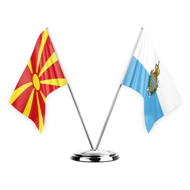 Two table flags isolated on white background 3d illustration, north macedonia and san marino