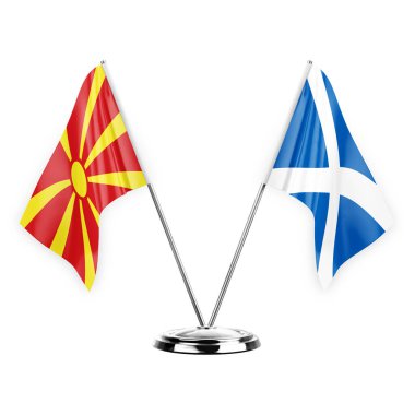 Two table flags isolated on white background 3d illustration, north macedonia and scotland