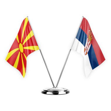 Two table flags isolated on white background 3d illustration, north macedonia and serbia