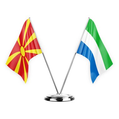 Two table flags isolated on white background 3d illustration, north macedonia and sierra leone