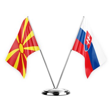 Two table flags isolated on white background 3d illustration, north macedonia and slovakia