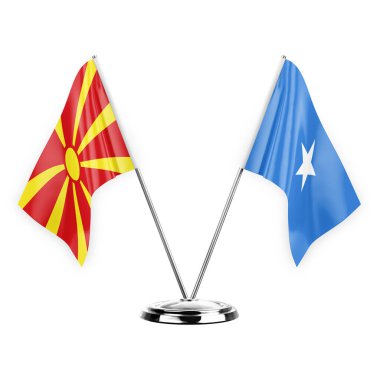 Two table flags isolated on white background 3d illustration, north macedonia and somalia