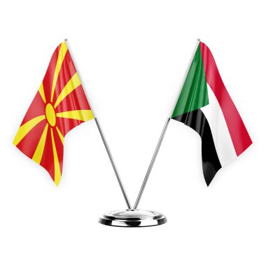 Two table flags isolated on white background 3d illustration, north macedonia and sudan