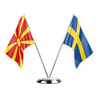 Two table flags isolated on white background 3d illustration, north macedonia and sweden