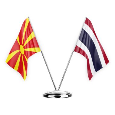Two table flags isolated on white background 3d illustration, north macedonia and thailand