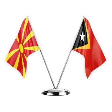 Two table flags isolated on white background 3d illustration, north macedonia and timor leste