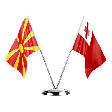Two table flags isolated on white background 3d illustration, north macedonia and tonga