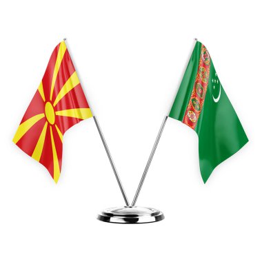 Two table flags isolated on white background 3d illustration, north macedonia and turkmenistan