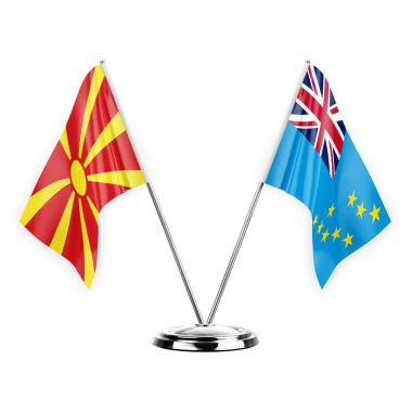 Two table flags isolated on white background 3d illustration, north macedonia and tuvalu