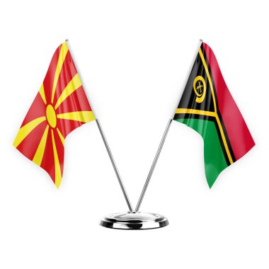 Two table flags isolated on white background 3d illustration, north macedonia and vanuatu