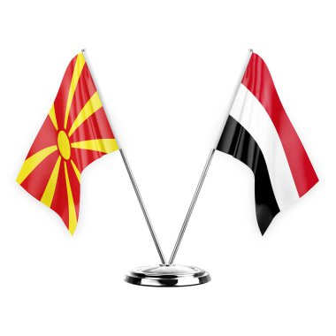 Two table flags isolated on white background 3d illustration, north macedonia and yemen