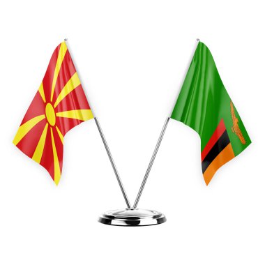 Two table flags isolated on white background 3d illustration, north macedonia and zambia