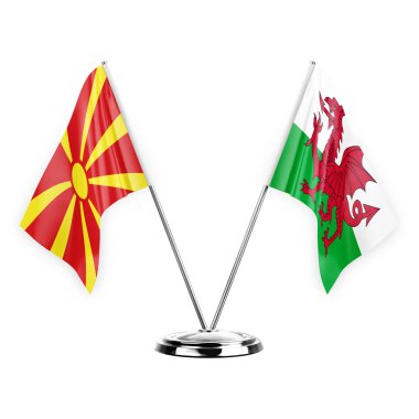 Two table flags isolated on white background 3d illustration, north macedonia and wales