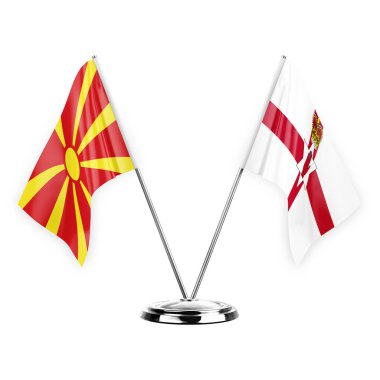 Two table flags isolated on white background 3d illustration, north macedonia and ireland