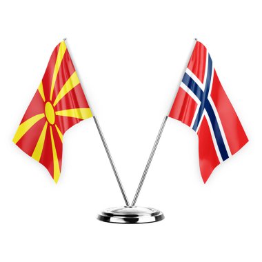 Two table flags isolated on white background 3d illustration, north macedonia and norway
