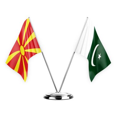 Two table flags isolated on white background 3d illustration, north macedonia and pakistan