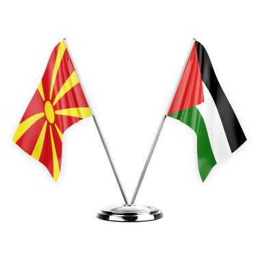 Two table flags isolated on white background 3d illustration, north macedonia and palestine