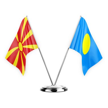Two table flags isolated on white background 3d illustration, north macedonia and palau