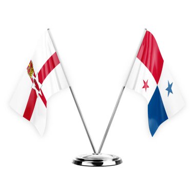 Two table flags isolated on white background 3d illustration, northern ireland and panama