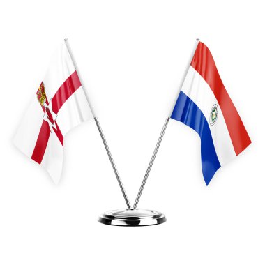Two table flags isolated on white background 3d illustration, northern ireland and paraguay