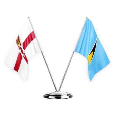 Two table flags isolated on white background 3d illustration, northern ireland and saint lucia