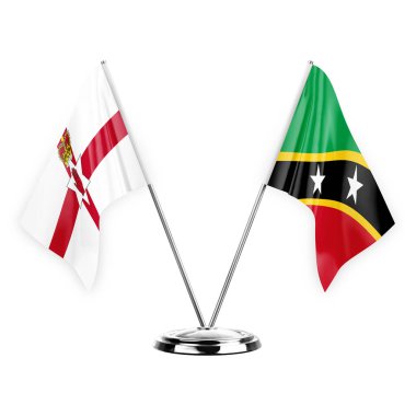 Two table flags isolated on white background 3d illustration, northern ireland and saint kitts and venis