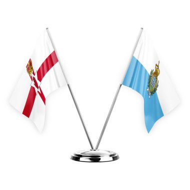 Two table flags isolated on white background 3d illustration, northern ireland and san marino