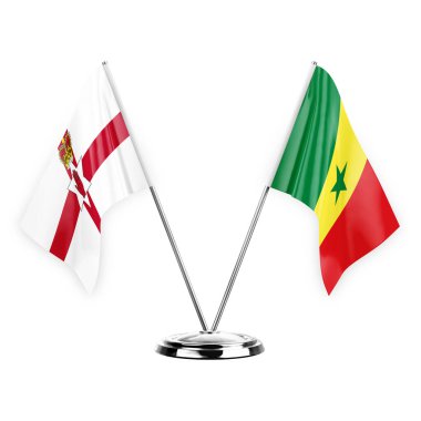 Two table flags isolated on white background 3d illustration, northern ireland and senegal