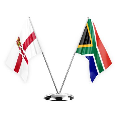 Two table flags isolated on white background 3d illustration, northern ireland and south africa