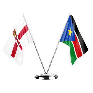 Two table flags isolated on white background 3d illustration, northern ireland and south sudan