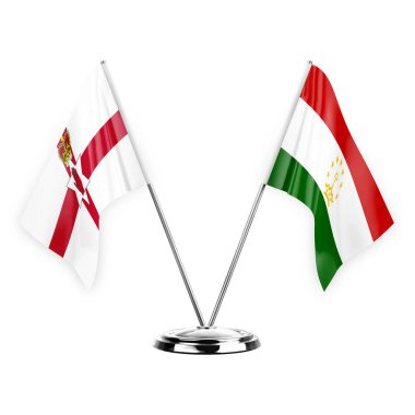 Two table flags isolated on white background 3d illustration, northern ireland and tajikistan