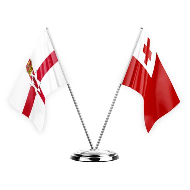 Two table flags isolated on white background 3d illustration, northern ireland and tonga
