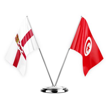 Two table flags isolated on white background 3d illustration, northern ireland and tunisia