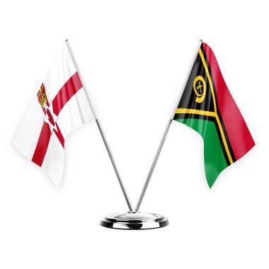 Two table flags isolated on white background 3d illustration, northern ireland and vanuatu