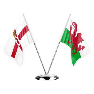 Two table flags isolated on white background 3d illustration, northern ireland and wales