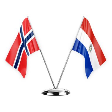 Two table flags isolated on white background 3d illustration, norway and paraguay