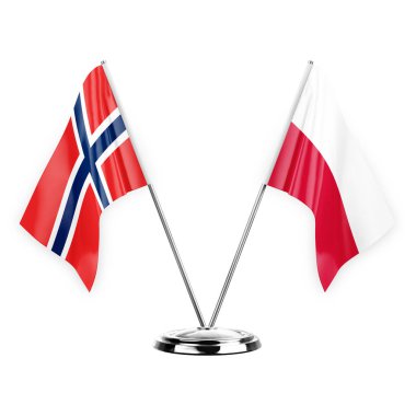 Two table flags isolated on white background 3d illustration, norway and poland