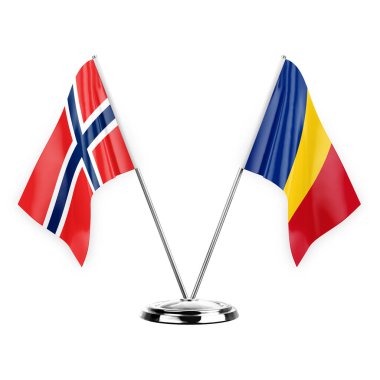 Two table flags isolated on white background 3d illustration, norway and romania